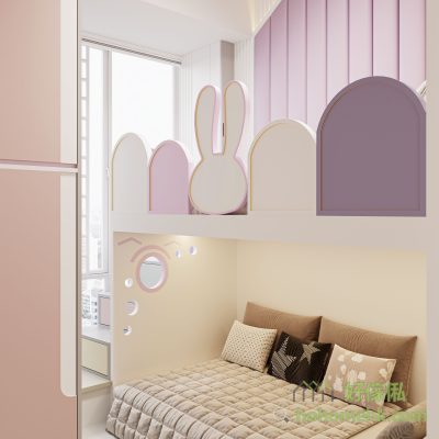 The all-pink design, soft and beautiful color, creates a warm and comfortable, full of children's atmosphere. The whole space takes the rabbit as the protagonist in the center point, and the other positions are purely colored to contrast the soft cute style, leaving room for the customer's daughter to add dolls and decorations in the future.