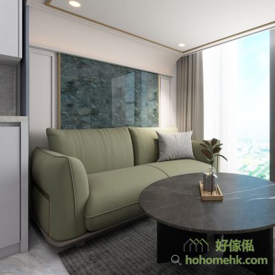 The attic enterprise board behind the comb is also a feature wall, with dark green stone plate (Pengsen U3102 green diamond jade luxury stone), next to the shape of three-dimensional lines, very elegant and noble.