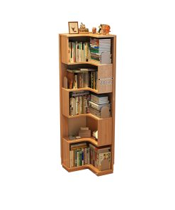 Peyton轉角落地儲物書架3D產品渲染圖，原木色實木製造，階梯式5層開放設計，順住牆角砌上去，層架上擺滿書本、相架同小擺設，右上角標示20cm尺寸，配白色背景襯托木紋質感