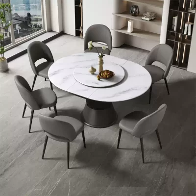 Xander round rock plate table, put away only 120cmx120cm, fully expanded width can reach 155cm, very suitable for daily use of small units and large groups of dinner