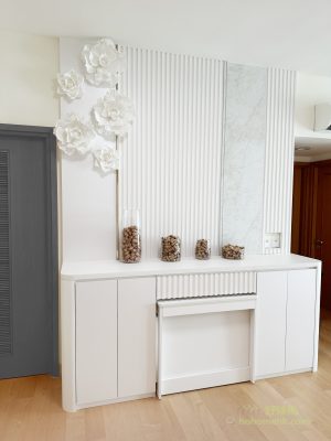 Both sides of the side cabinet are channels, so the designer has thoughtfully made a round edge, the round edge of the size of the cabinet can modify the line, and will not waste too much storage space.