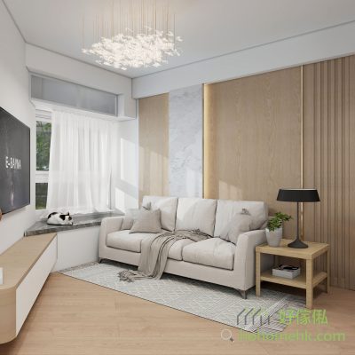天水圍嘉湖山莊客廳全景3D設計圖，左側訂造淺木色低矮電視地台，中央米白色三座梳化配灰色格紋地毯，右側原木紋特色背景牆以直線木條拼合大理石紋板裝飾，白色薄紗窗簾透光，淺色木地板統一全室風格。