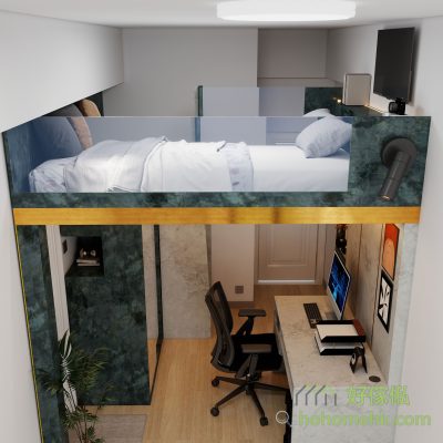 SOYO雋薈閣樓俯瞰鳥瞰全景，上層睡眠區鋪有白色被鋪及藍灰色抱枕，深綠石紋欄板圍繞，閣樓右側設有壁燈；下方書枱工作區擺放電腦螢幕及辦公椅，左側深綠石紋牆柱，地板淺木紋