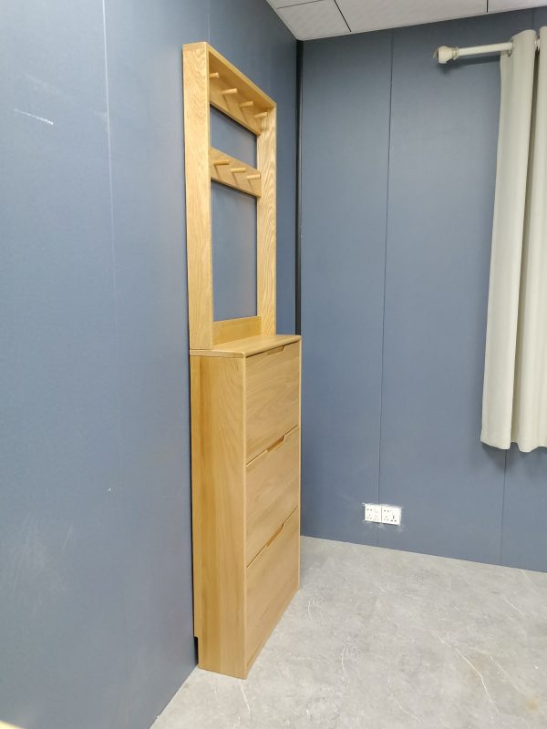 工廠實拍：Noya實木超薄鞋櫃加配衣帽架，原木色，65cm寬x20cm深x211cm高