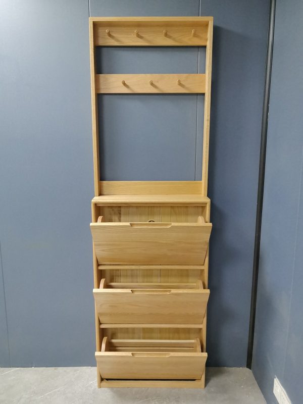 工廠實拍：Noya實木超薄鞋櫃加配衣帽架，原木色，65cm寬x20cm深x211cm高