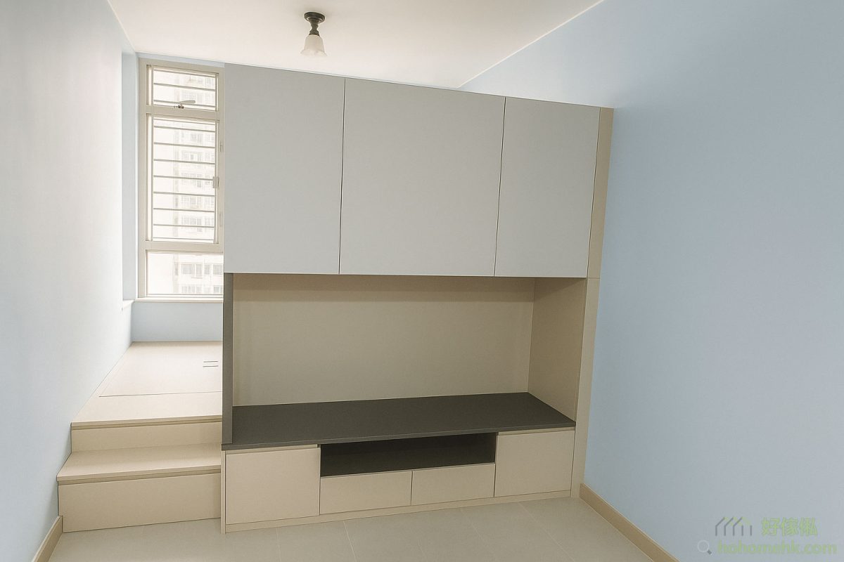 客廳的電視櫃採用不到頂的設計，結合間房功能，這樣的設計讓客廳兼顧功能性與開放感，適合香港的中小型家庭單位。