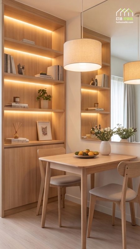 淺木訂造頂天開放式層架佔咗左邊成幅牆，每層底位都嵌暖白LED燈帶照住書本、相框同綠植擺設，下半部係封門櫃桶收雜物，右邊擺淺木細方餐枱配兩張淺灰色軟墊木椅，枱面放住盛住檸檬嘅淺色碟同白色花瓶，頭頂吊住米色布罩吊燈同暖黃球泡。