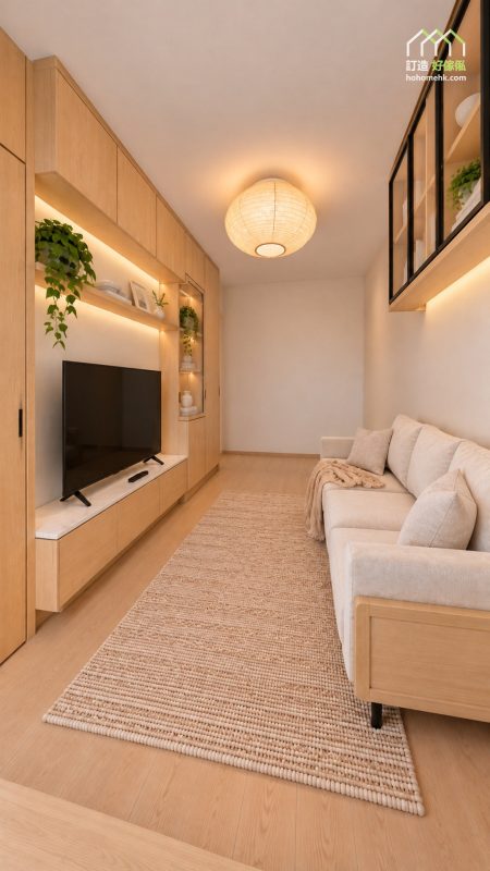 由窗邊回望客廳，左側淺木紋電視櫃設暖光層板，右側米白梳化上方掛黑框玻璃吊櫃，中間鋪米色地氈，圓形燈罩散出柔和光線。